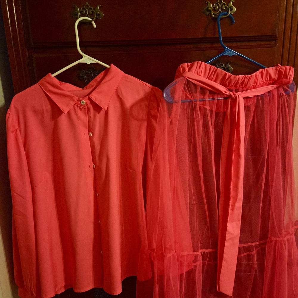 Vibrant Pink Button-Up Shirt and Sheer Skirt Set